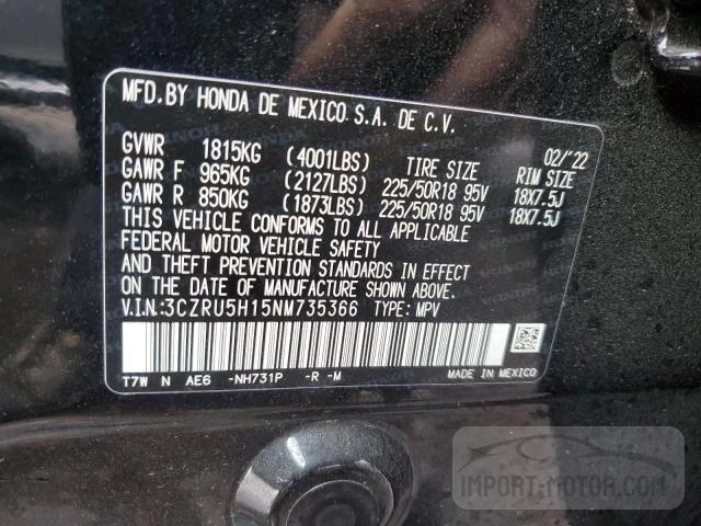 3CZRU5H15NM735366 2022 Honda Hr-V Sport