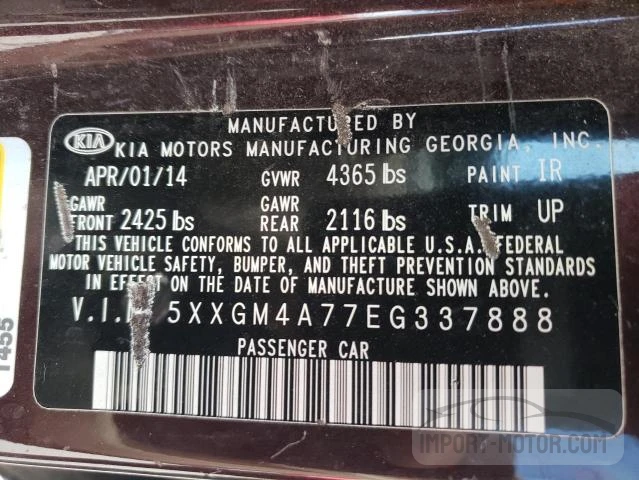 5XXGM4A77EG337888 2014 Kia Optima Lx