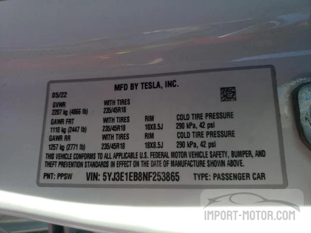 2022 Tesla Model 3 VIN: 5YJ3E1EB8NF253865 Lot: 63837392