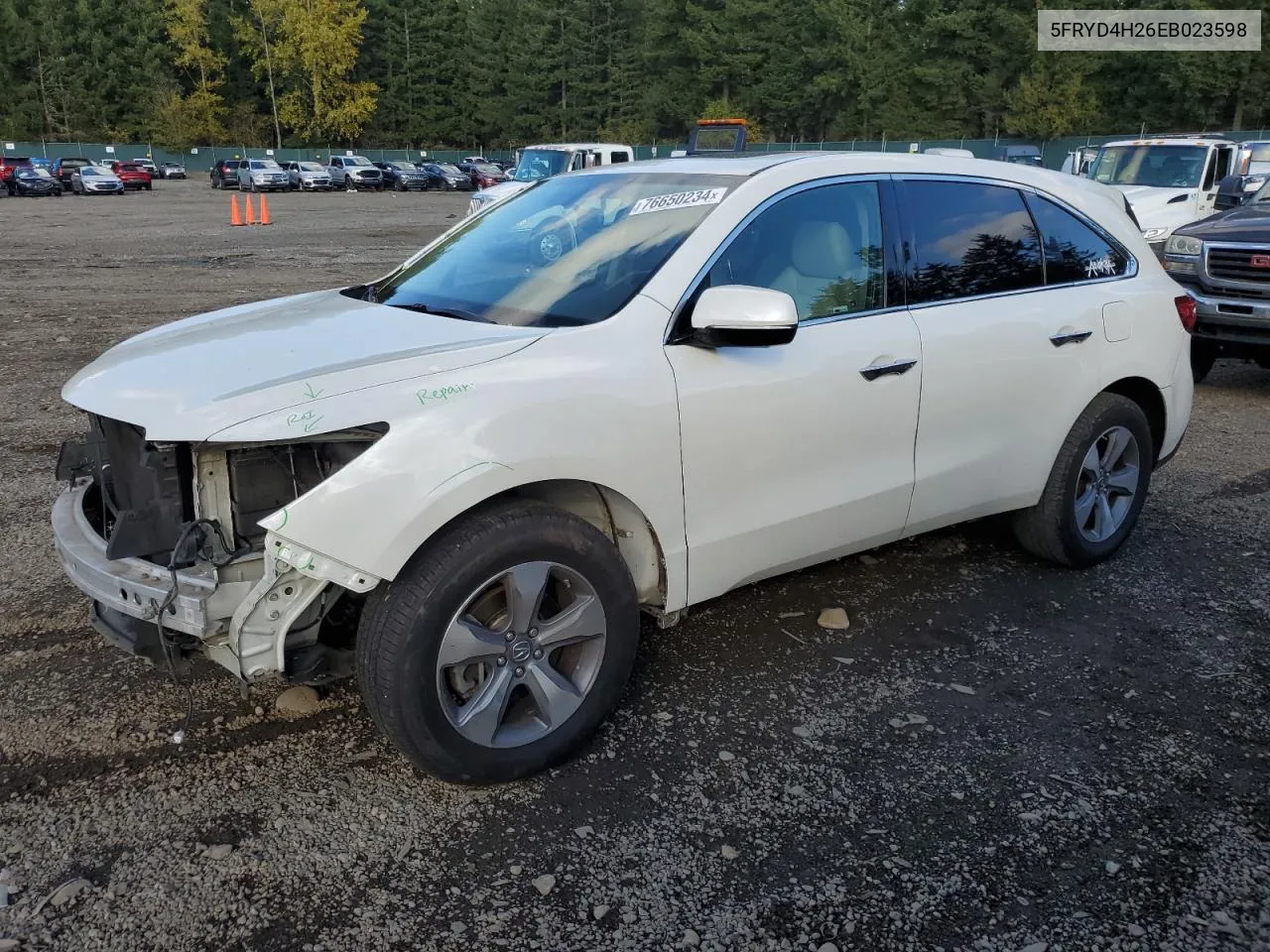 2014 Acura Mdx VIN: 5FRYD4H26EB023598 Lot: 76650234