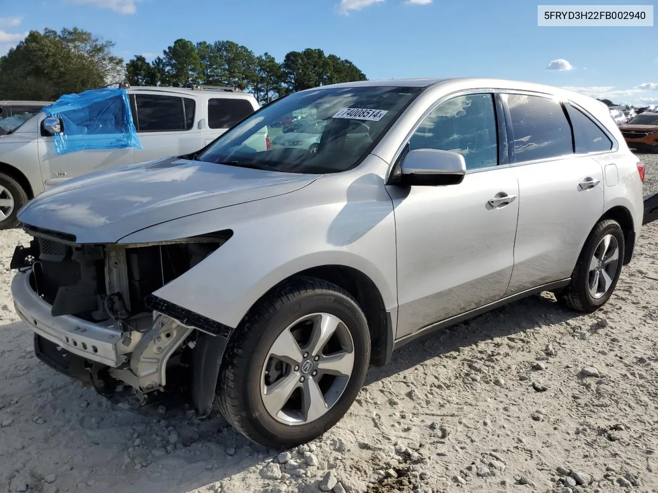 2015 Acura Mdx VIN: 5FRYD3H22FB002940 Lot: 74008514