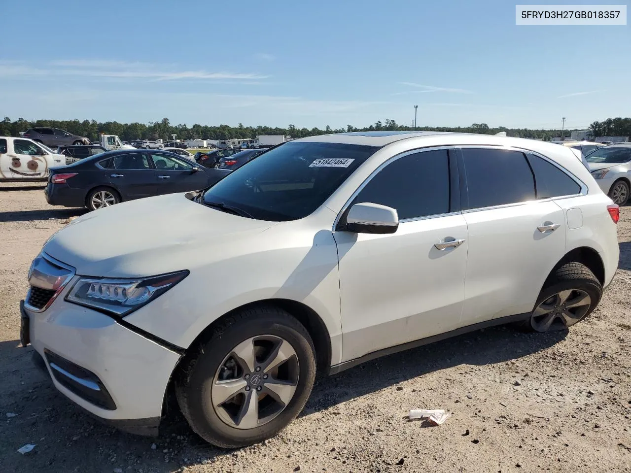 2016 Acura Mdx VIN: 5FRYD3H27GB018357 Lot: 51842464