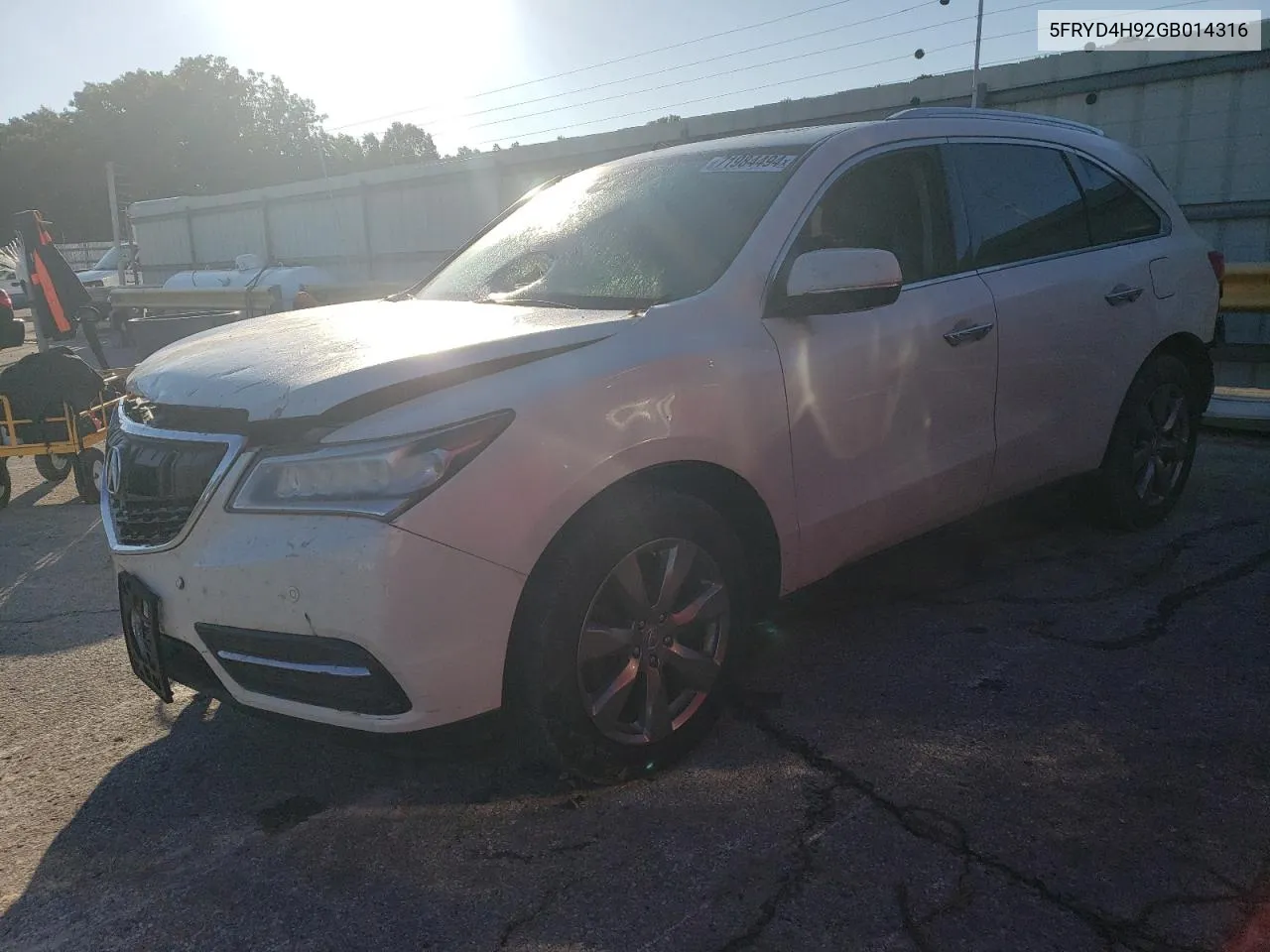 2016 Acura Mdx Advance VIN: 5FRYD4H92GB014316 Lot: 71984494