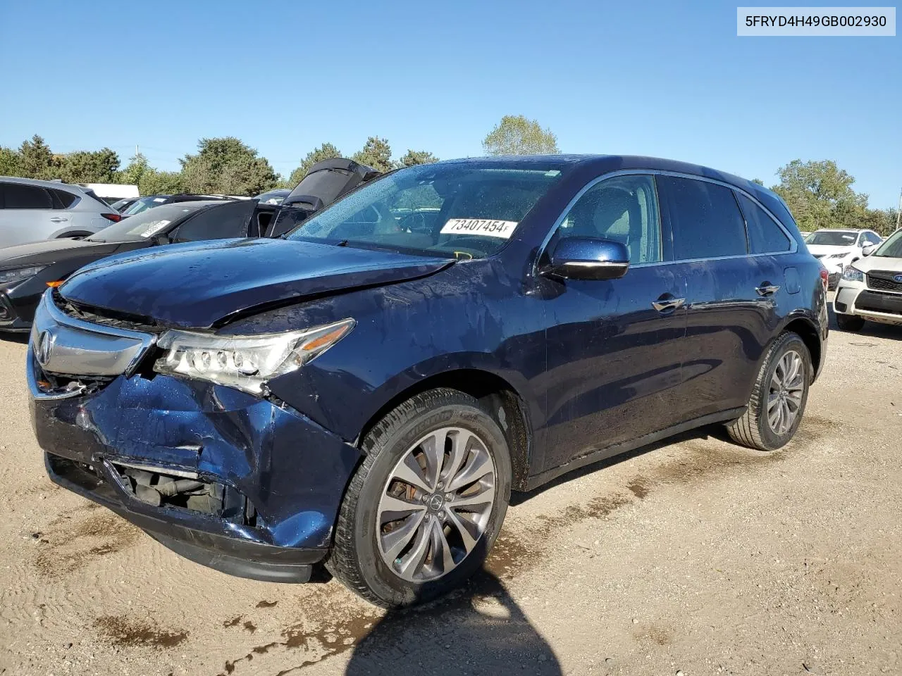 2016 Acura Mdx Technology VIN: 5FRYD4H49GB002930 Lot: 73407454