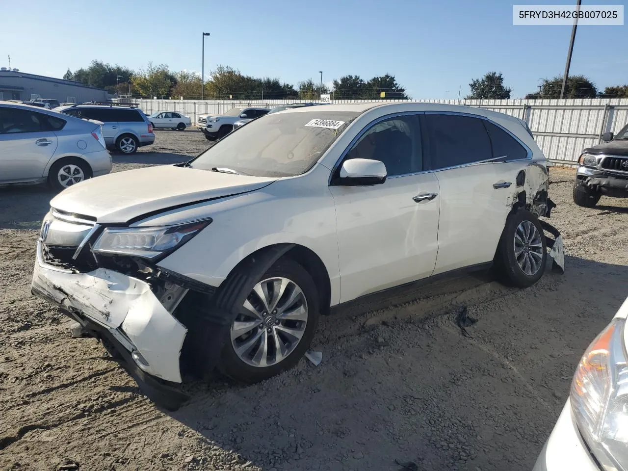 2016 Acura Mdx Technology VIN: 5FRYD3H42GB007025 Lot: 74396884