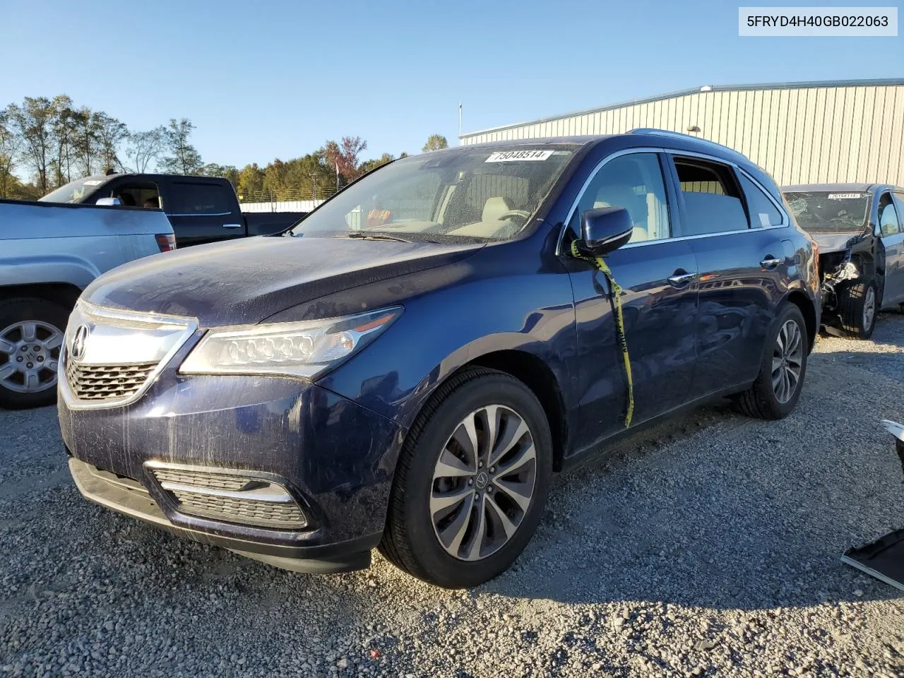 2016 Acura Mdx Technology VIN: 5FRYD4H40GB022063 Lot: 75048514