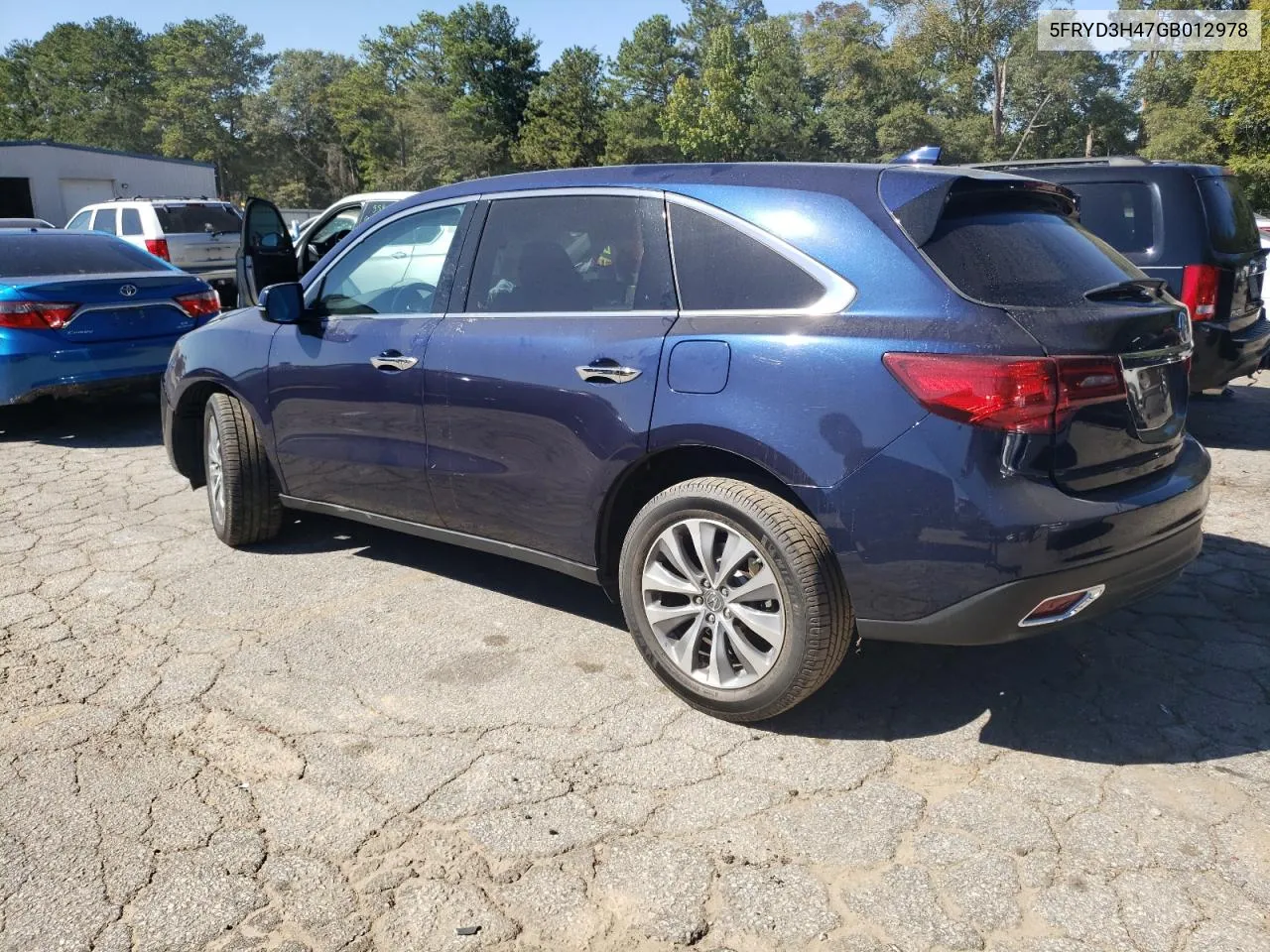 2016 Acura Mdx Technology VIN: 5FRYD3H47GB012978 Lot: 75173744