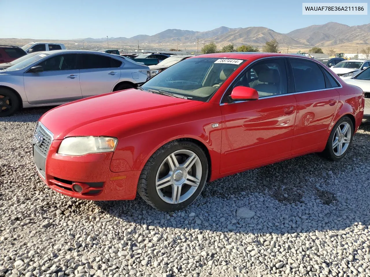 2006 Audi A4 2 Turbo VIN: WAUAF78E36A211186 Lot: 75874414