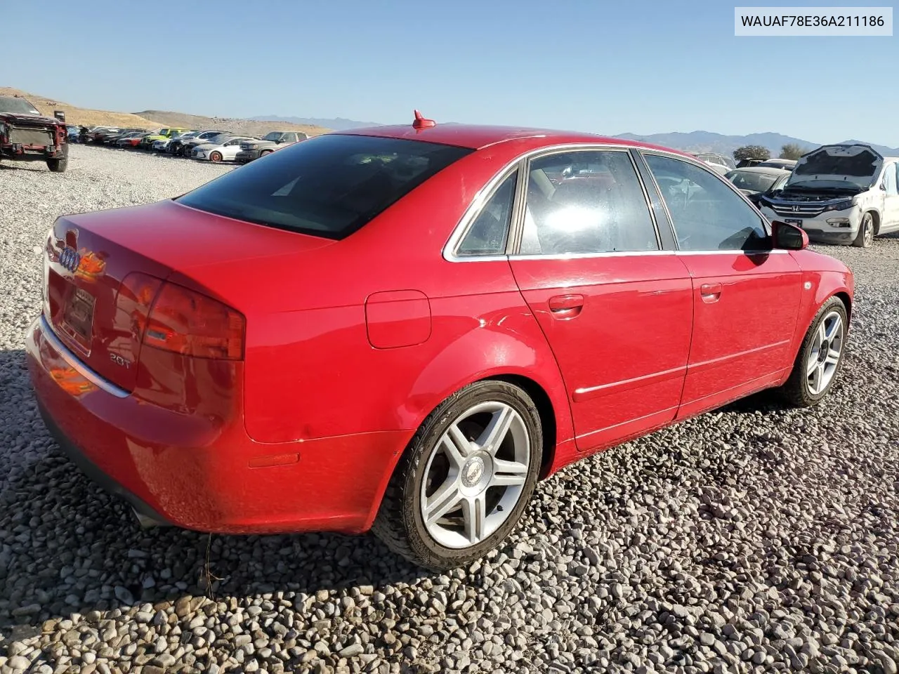 2006 Audi A4 2 Turbo VIN: WAUAF78E36A211186 Lot: 75874414