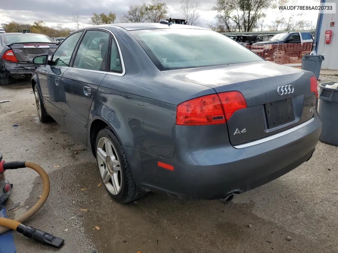 2006 Audi A4 2.0T Quattro VIN: WAUDF78E86A020733 Lot: 78481484