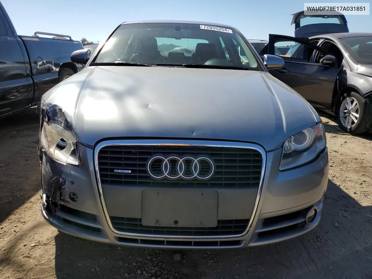 2007 Audi A4 2.0T Quattro VIN: WAUDF78E17A031851 Lot: 72055354