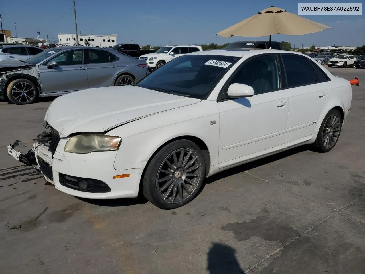 2007 Audi A4 S-Line 2.0T Turbo VIN: WAUBF78E37A022592 Lot: 75480544