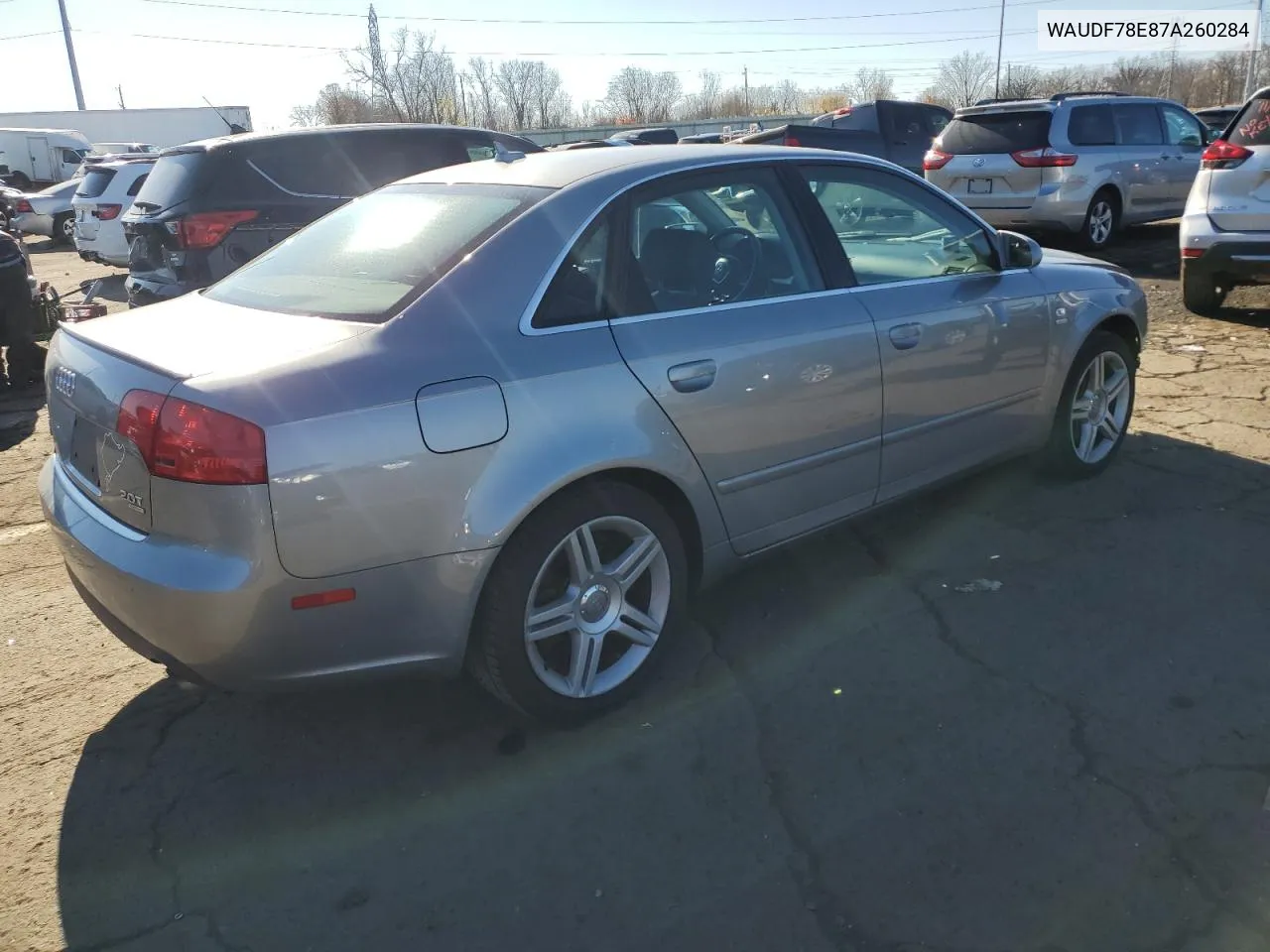 2007 Audi A4 2.0T Quattro VIN: WAUDF78E87A260284 Lot: 79428284