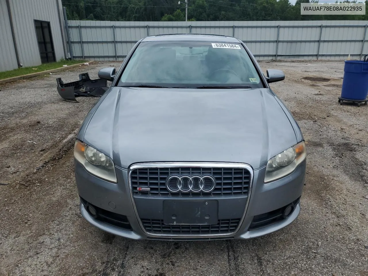 2008 Audi A4 2.0T VIN: WAUAF78E08A022935 Lot: 63841584