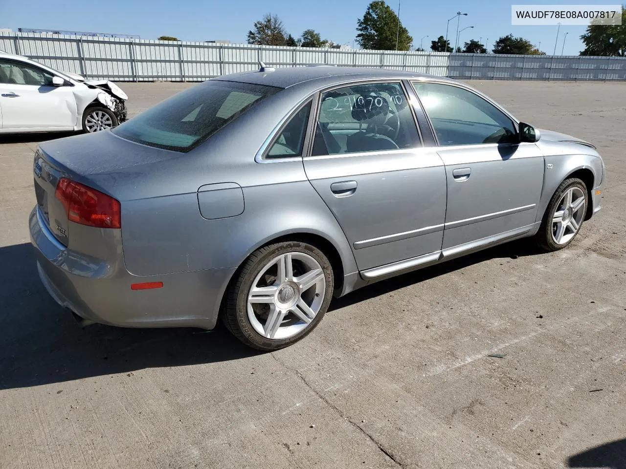 2008 Audi A4 2.0T Quattro VIN: WAUDF78E08A007817 Lot: 76822174