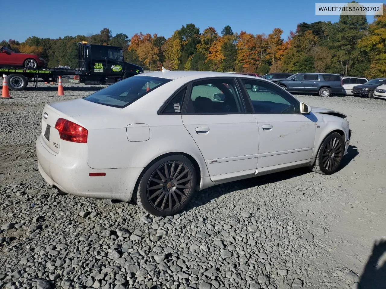 2008 Audi A4 S-Line 2.0T Quattro Turbo VIN: WAUEF78E58A120702 Lot: 77148524