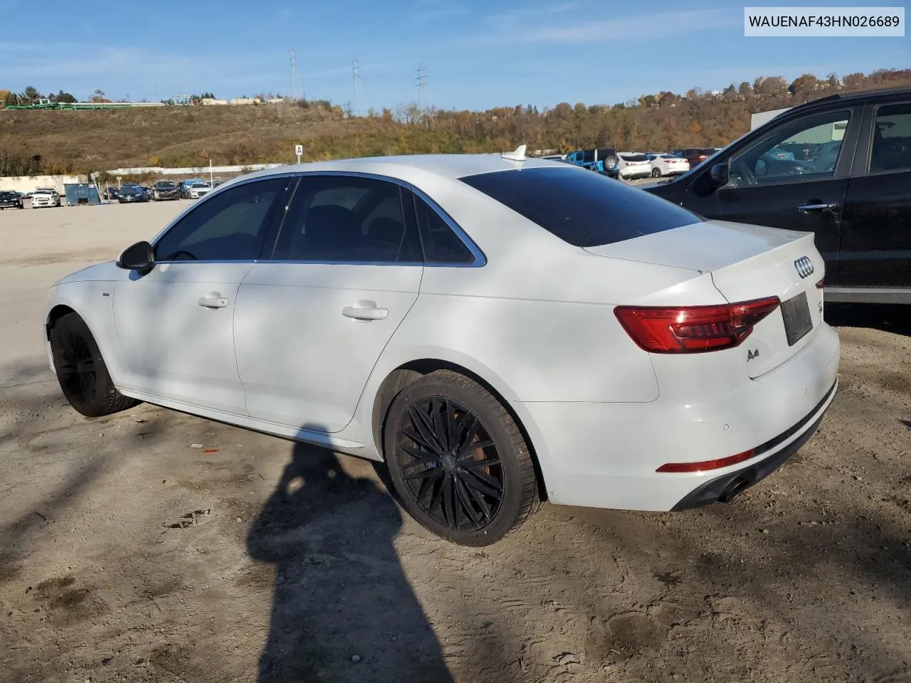 2017 Audi A4 Premium Plus VIN: WAUENAF43HN026689 Lot: 77662454