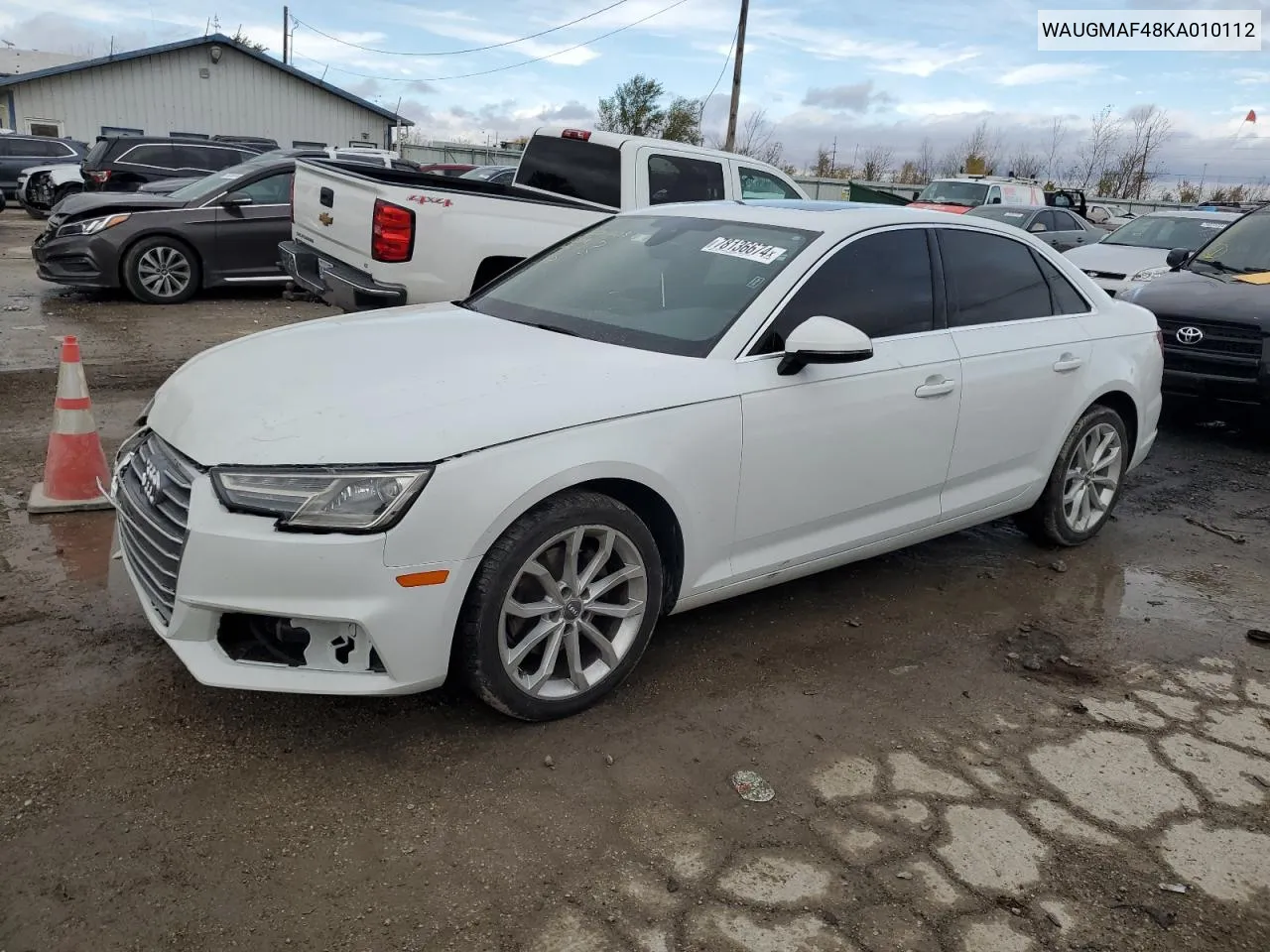 2019 Audi A4 Premium VIN: WAUGMAF48KA010112 Lot: 78136674