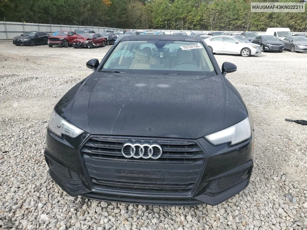 2019 Audi A4 Premium VIN: WAUGMAF43KN022211 Lot: 78724194