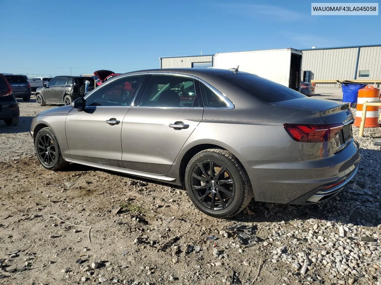 2020 Audi A4 Premium VIN: WAUGMAF43LA045058 Lot: 80259124