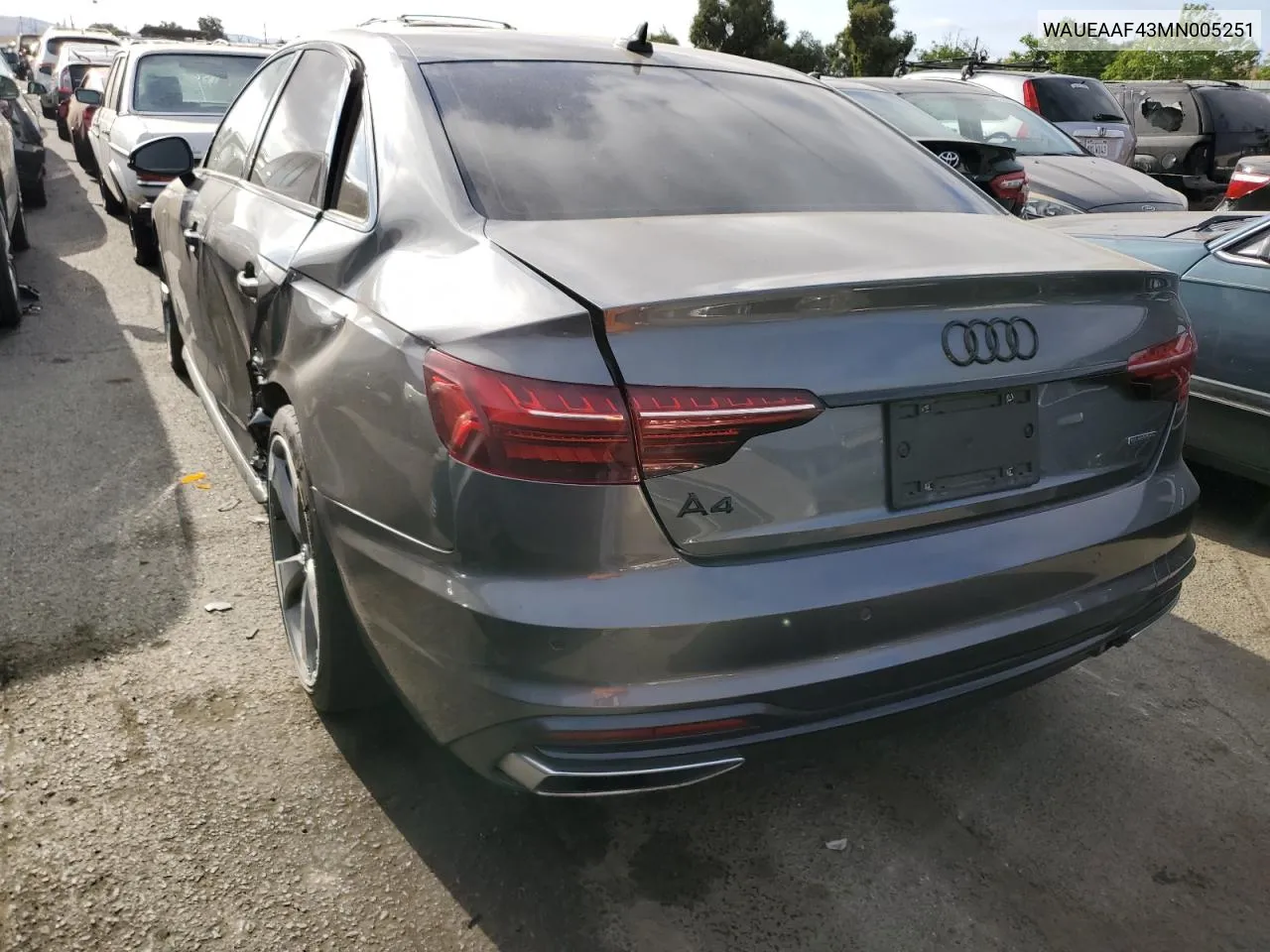 2021 Audi A4 Premium Plus 45 VIN: WAUEAAF43MN005251 Lot: 62908234