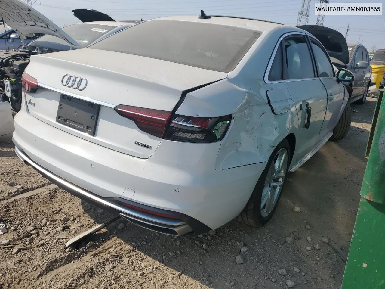 2021 Audi A4 Premium Plus 45 VIN: WAUEABF48MN003565 Lot: 75368134