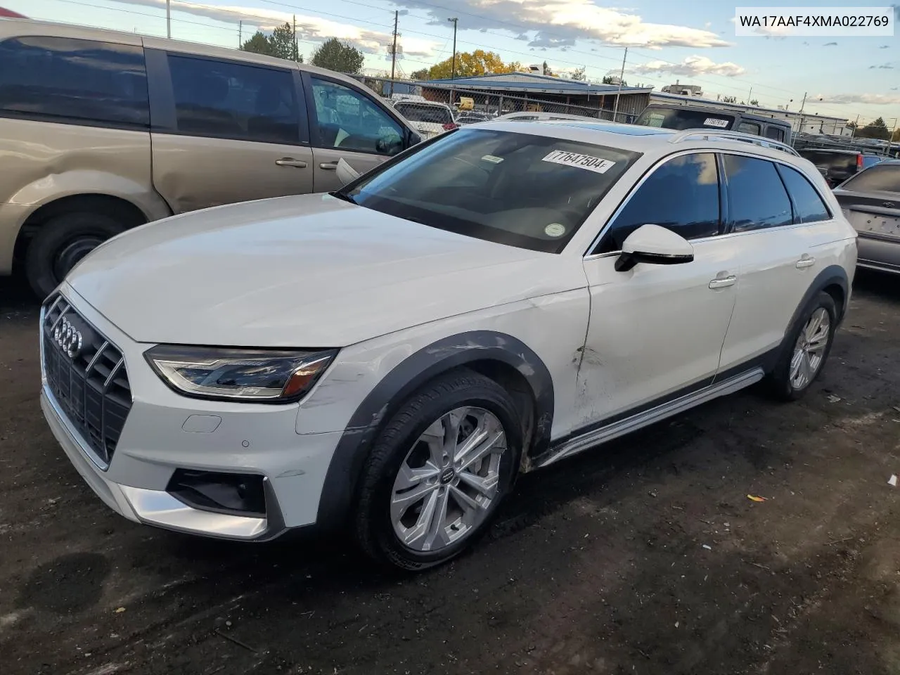 2021 Audi A4 Allroad Premium VIN: WA17AAF4XMA022769 Lot: 77647504