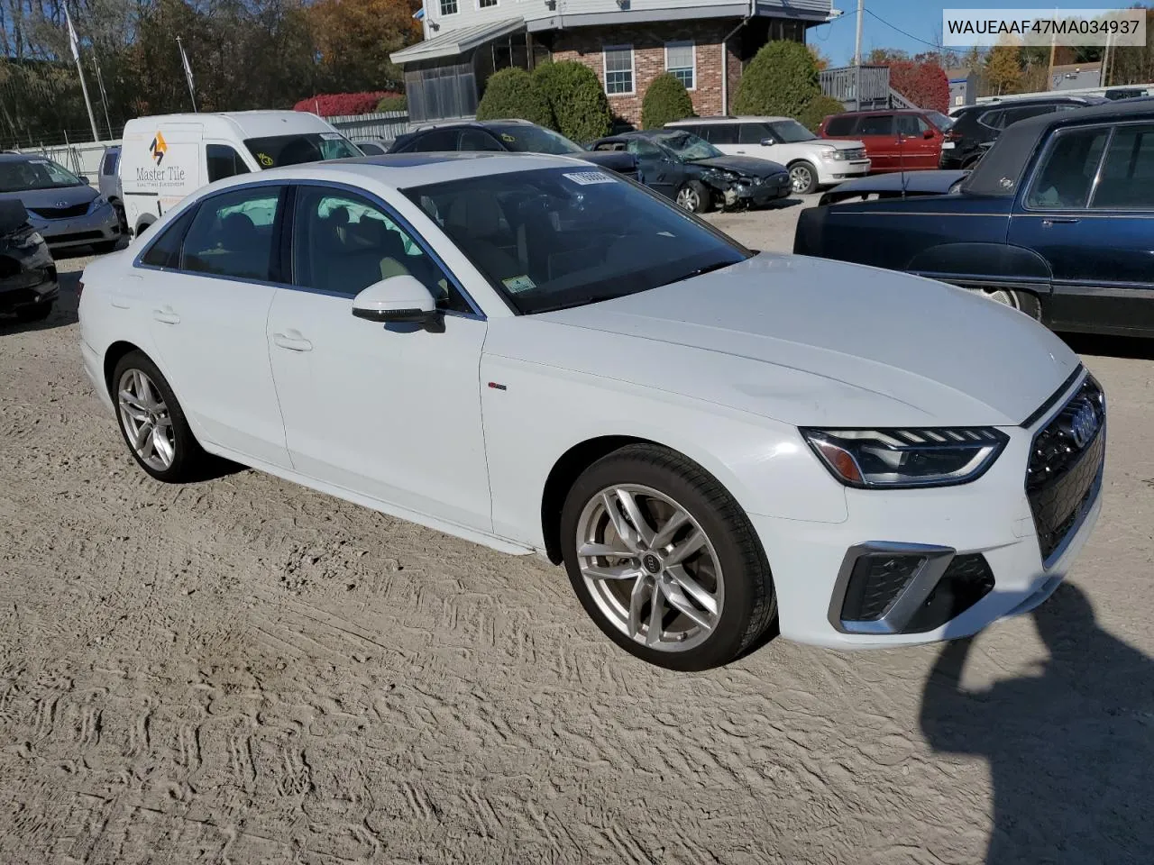 2021 Audi A4 Premium Plus 45 VIN: WAUEAAF47MA034937 Lot: 77868684