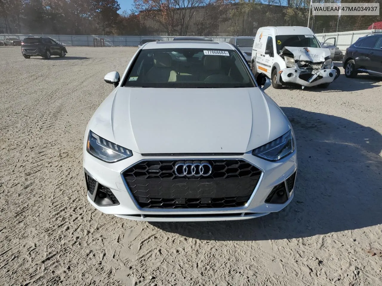 2021 Audi A4 Premium Plus 45 VIN: WAUEAAF47MA034937 Lot: 77868684