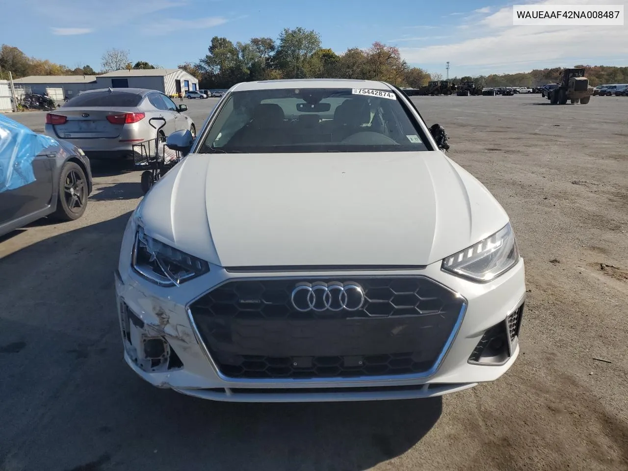 2022 Audi A4 Premium Plus 45 VIN: WAUEAAF42NA008487 Lot: 75442874