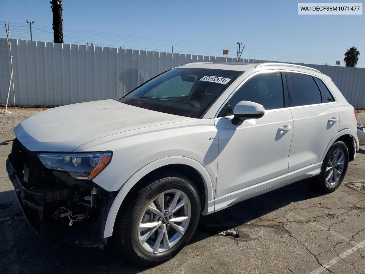 2021 Audi Q3 Premium S Line 45 VIN: WA1DECF38M1071477 Lot: 67692674