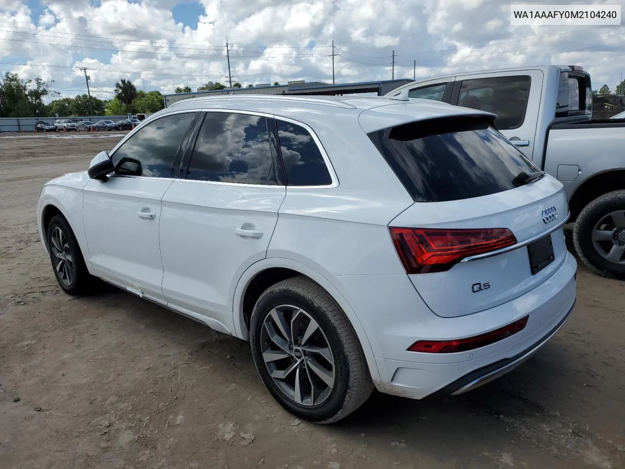 2021 Audi Q5 Premium VIN: WA1AAAFY0M2104240 Lot: 74657094