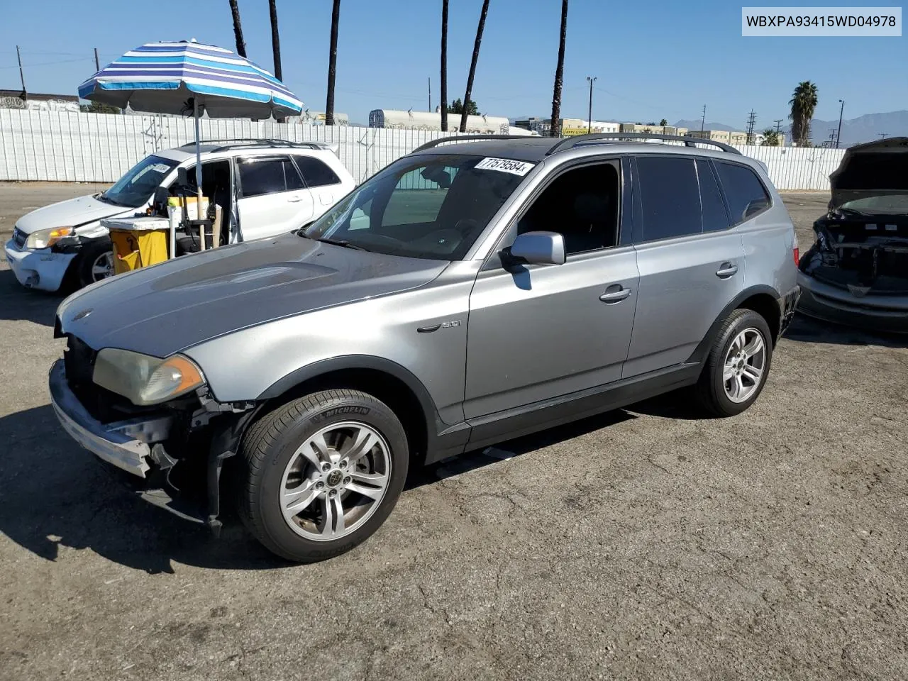 2005 BMW X3 3.0I VIN: WBXPA93415WD04978 Lot: 77579584