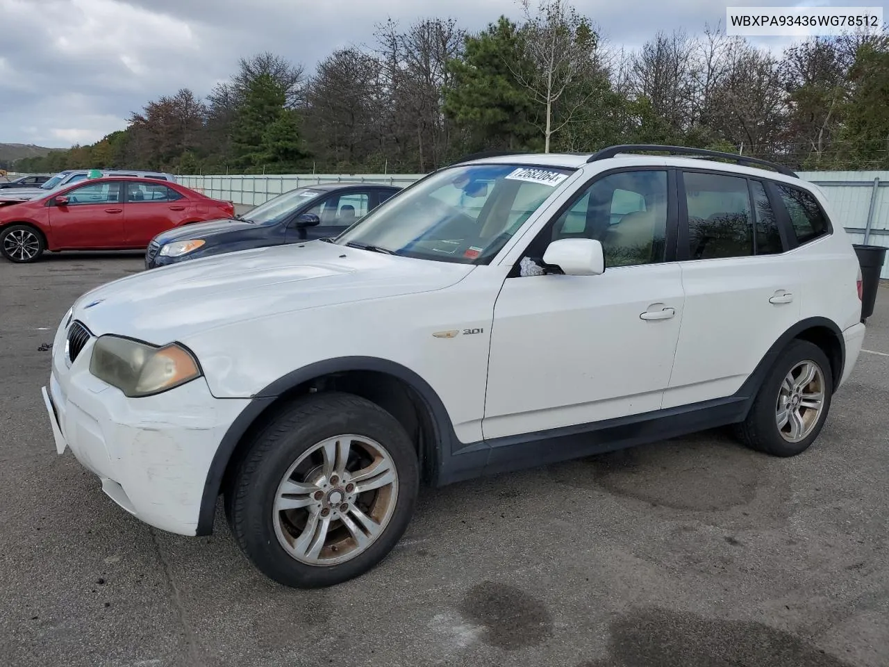 2006 BMW X3 3.0I VIN: WBXPA93436WG78512 Lot: 72682064