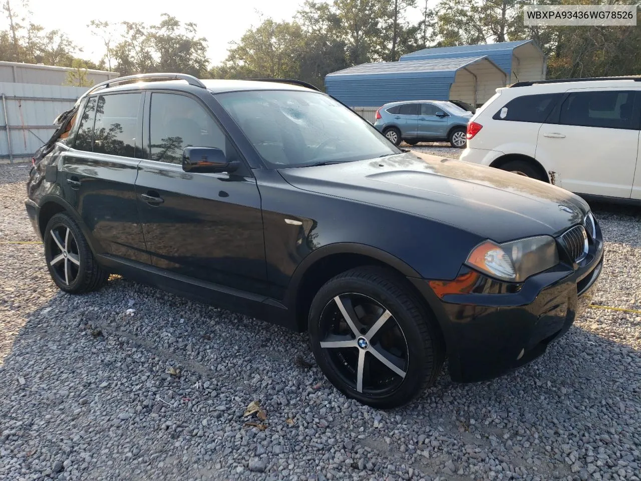 2006 BMW X3 3.0I VIN: WBXPA93436WG78526 Lot: 74496334