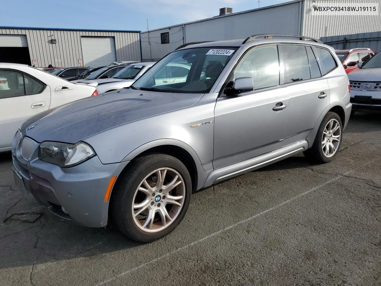 2008 BMW X3 3.0Si VIN: WBXPC93418WJ19115 Lot: 71202224