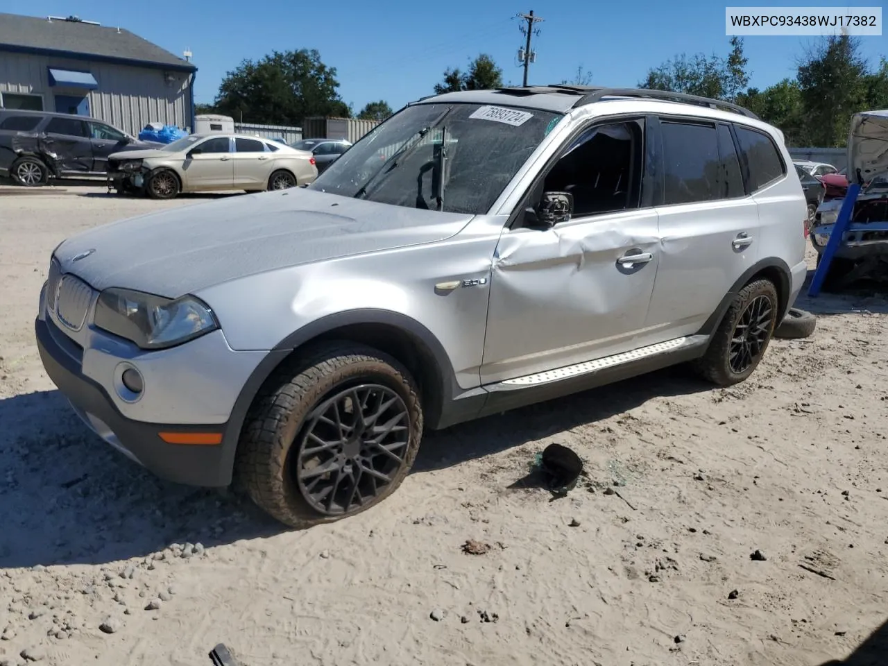 2008 BMW X3 3.0Si VIN: WBXPC93438WJ17382 Lot: 75893724