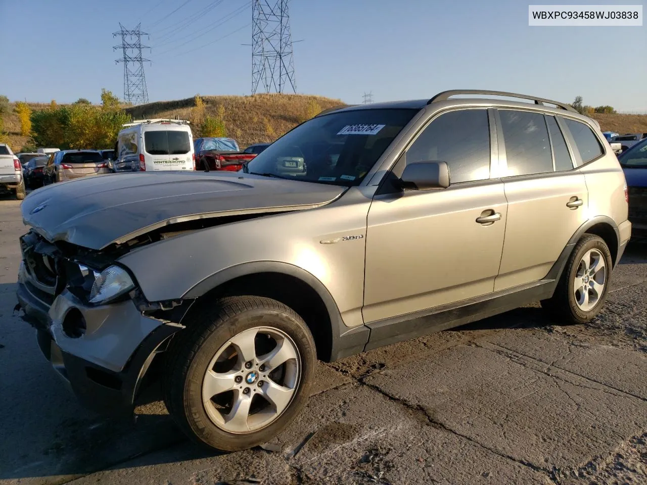 2008 BMW X3 3.0Si VIN: WBXPC93458WJ03838 Lot: 76365764