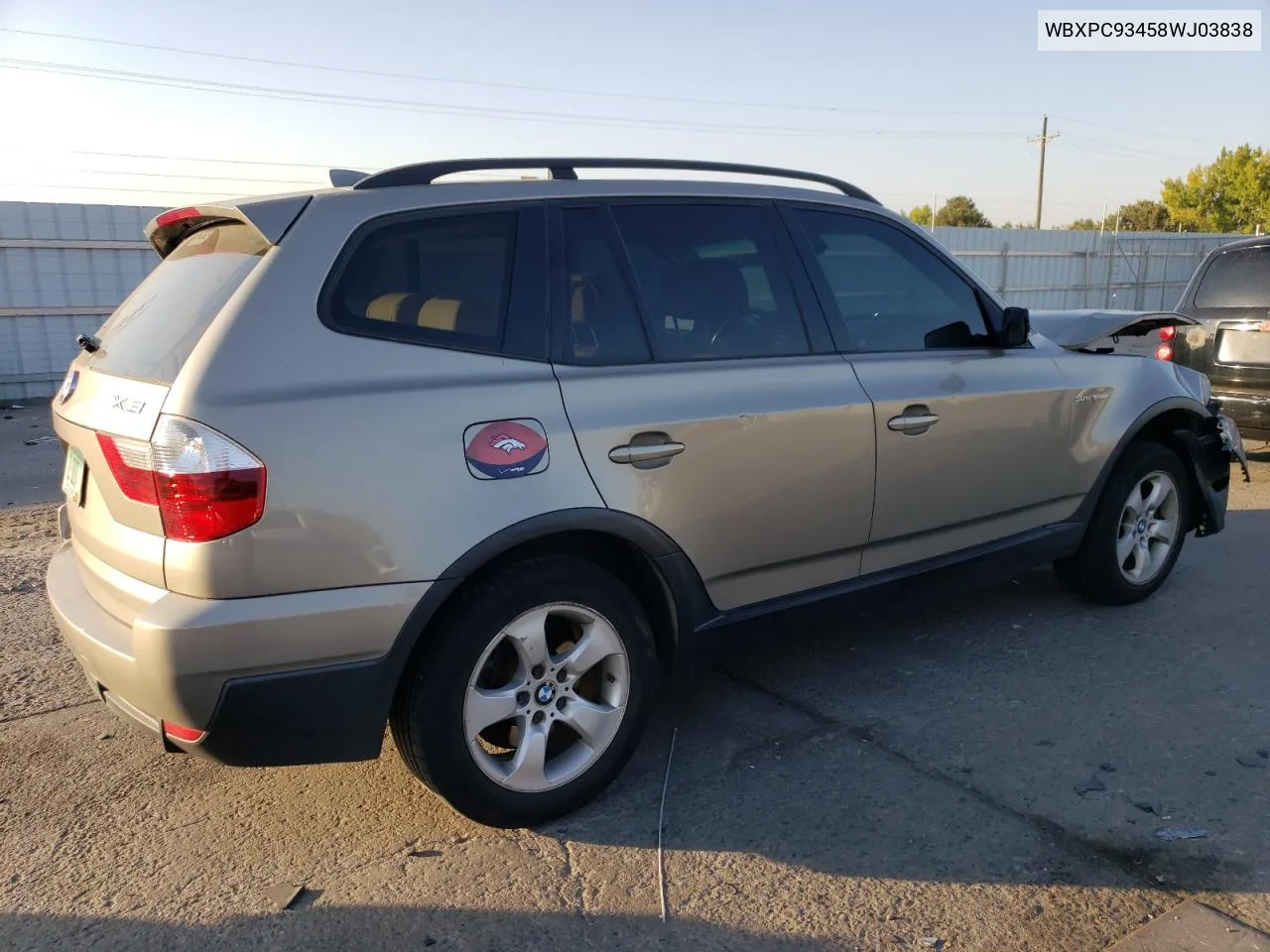 2008 BMW X3 3.0Si VIN: WBXPC93458WJ03838 Lot: 76365764