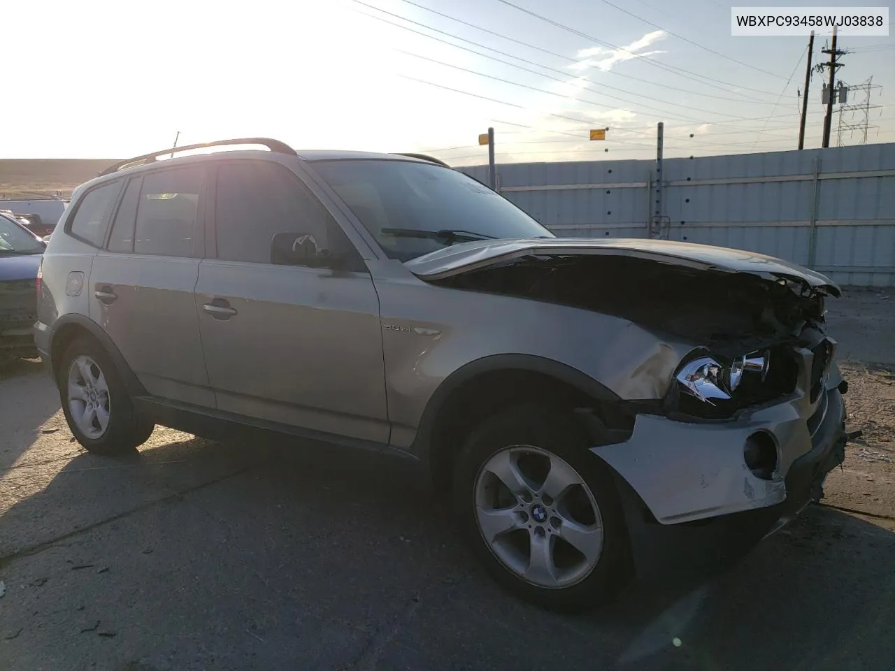 2008 BMW X3 3.0Si VIN: WBXPC93458WJ03838 Lot: 76365764