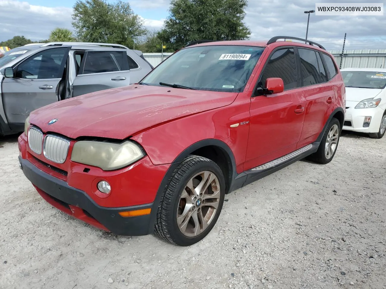 2008 BMW X3 3.0Si VIN: WBXPC93408WJ03083 Lot: 81190094