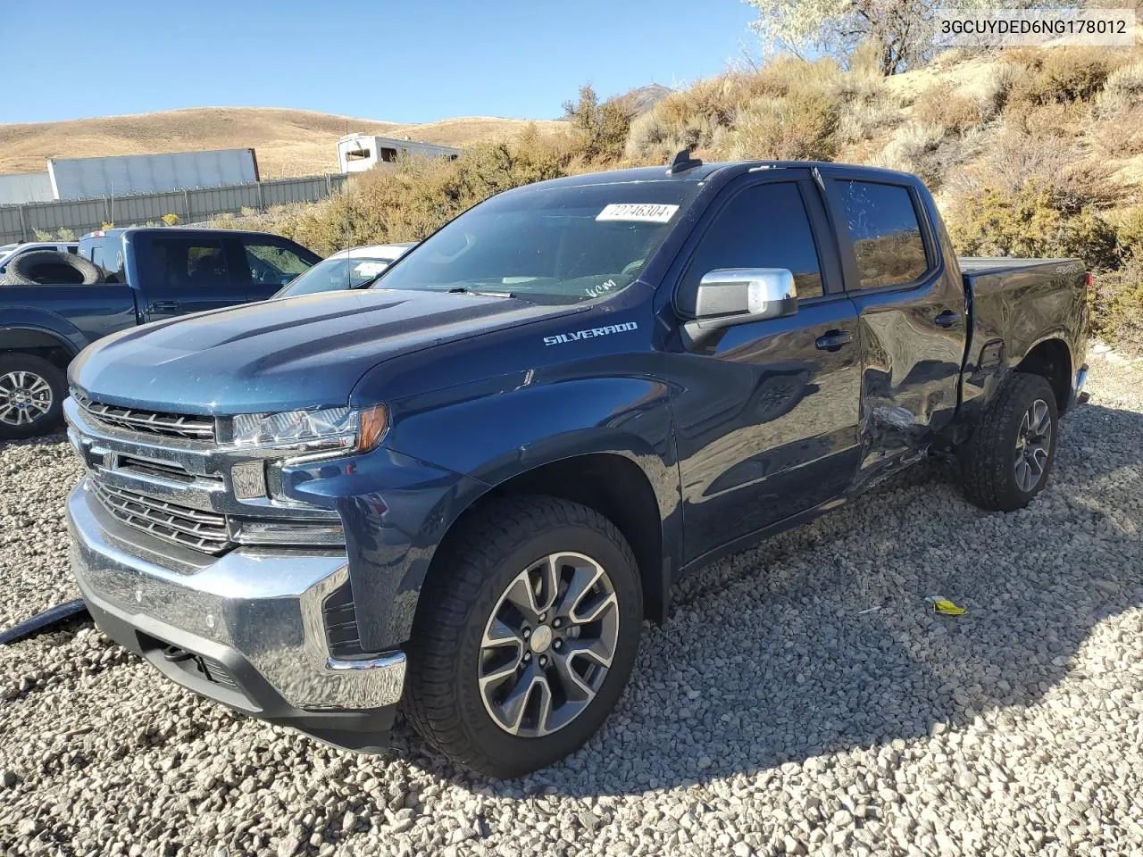 2022 Chevrolet Silverado Ltd K1500 Lt VIN: 3GCUYDED6NG178012 Lot: 72746304