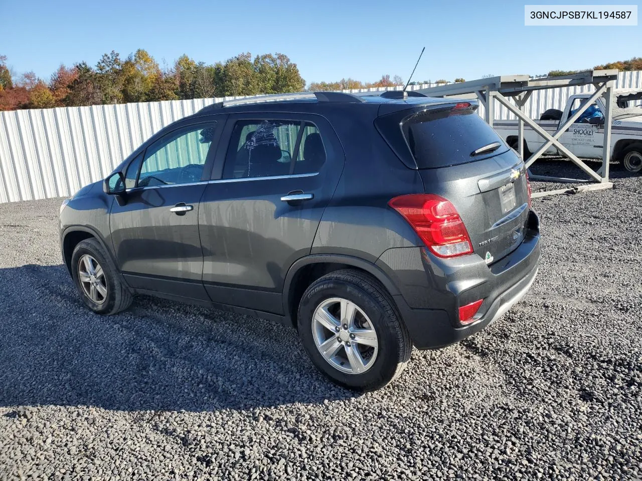 2019 Chevrolet Trax 1Lt VIN: 3GNCJPSB7KL194587 Lot: 77593044