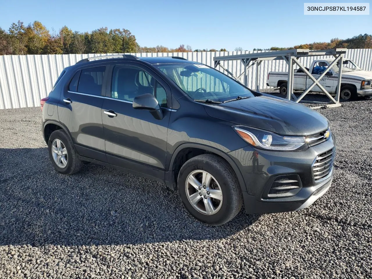 2019 Chevrolet Trax 1Lt VIN: 3GNCJPSB7KL194587 Lot: 77593044