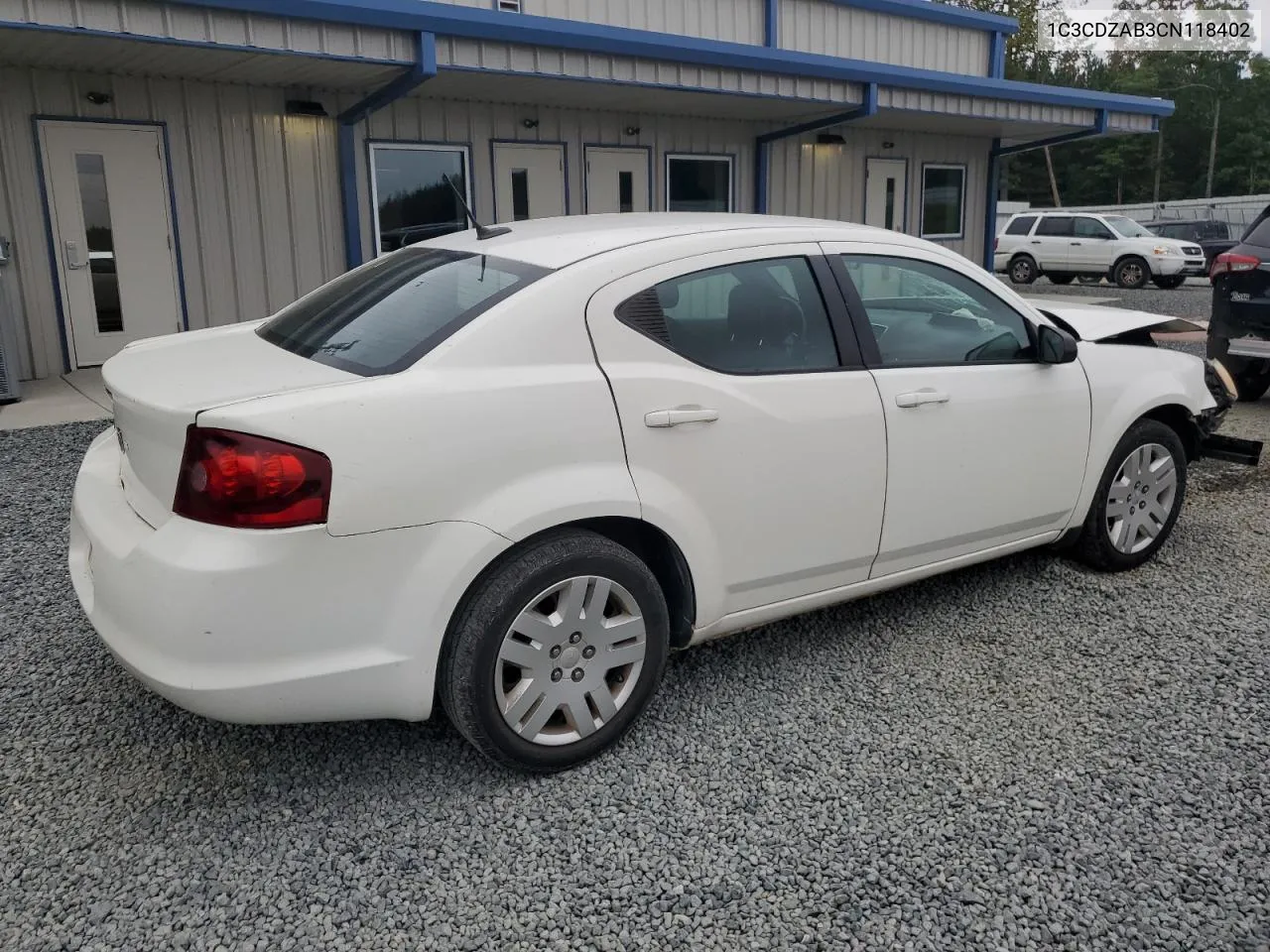 2012 Dodge Avenger Se VIN: 1C3CDZAB3CN118402 Lot: 72797284