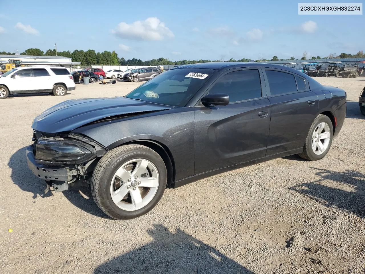 2016 Dodge Charger Sxt VIN: 2C3CDXHGXGH332274 Lot: 72526664