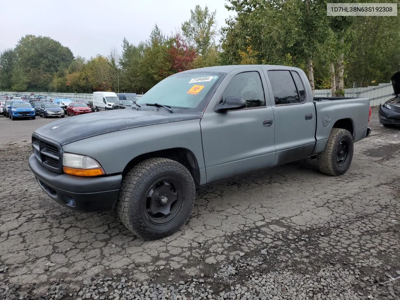 2003 Dodge Dakota Quad Sport VIN: 1D7HL38N63S192308 Lot: 77494684