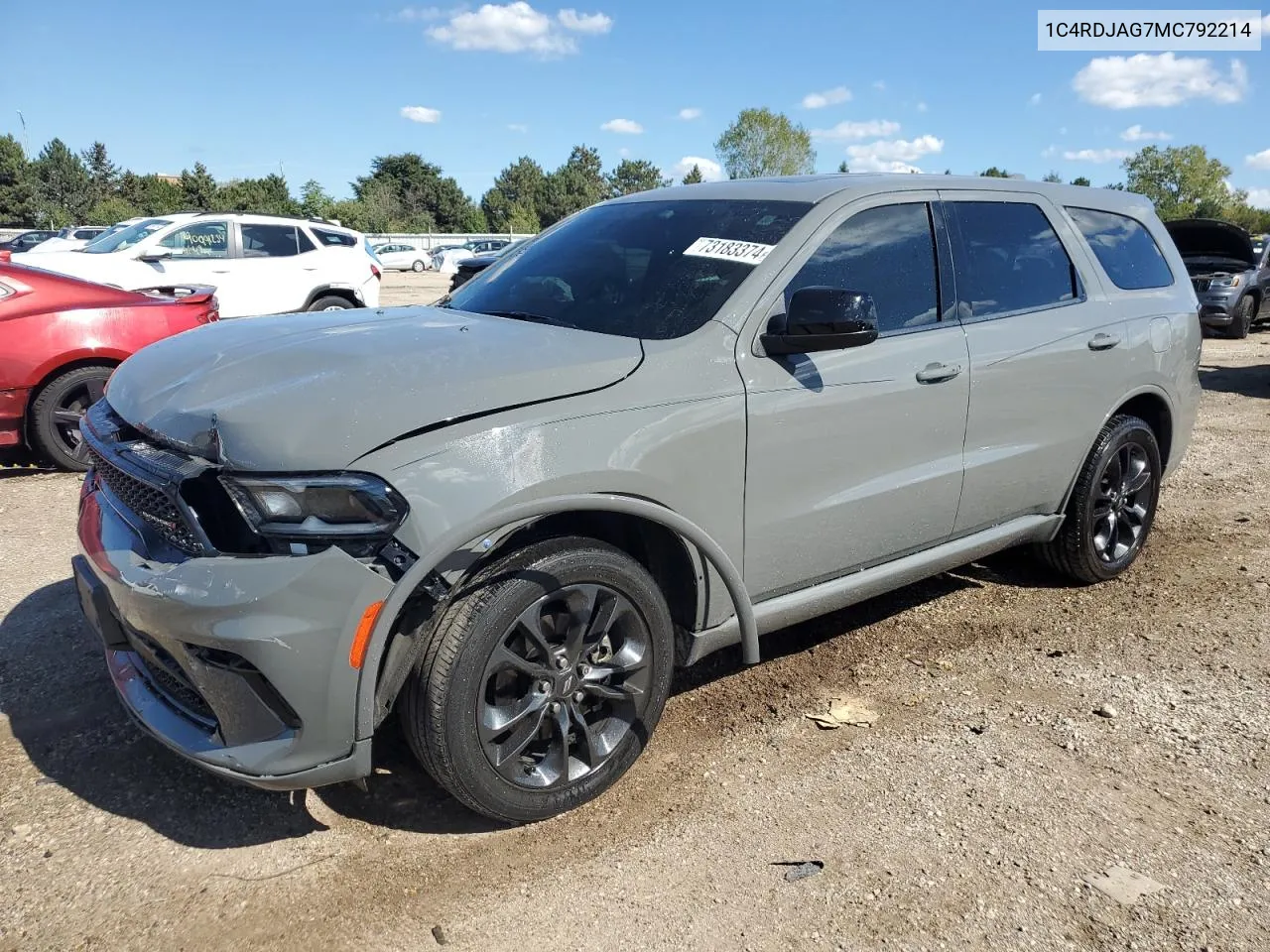 2021 Dodge Durango Sxt VIN: 1C4RDJAG7MC792214 Lot: 73183374