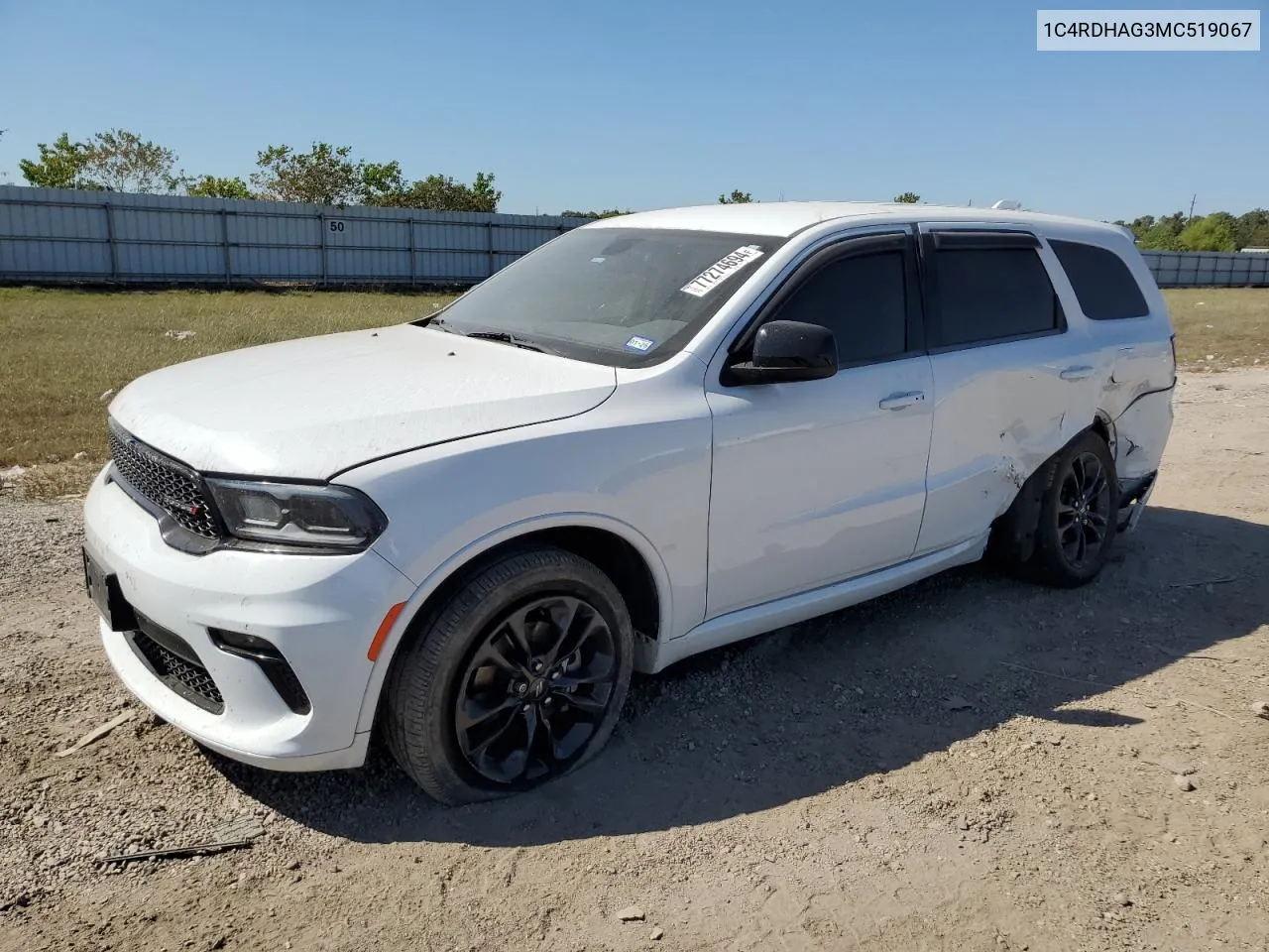 2021 Dodge Durango Sxt VIN: 1C4RDHAG3MC519067 Lot: 77274694