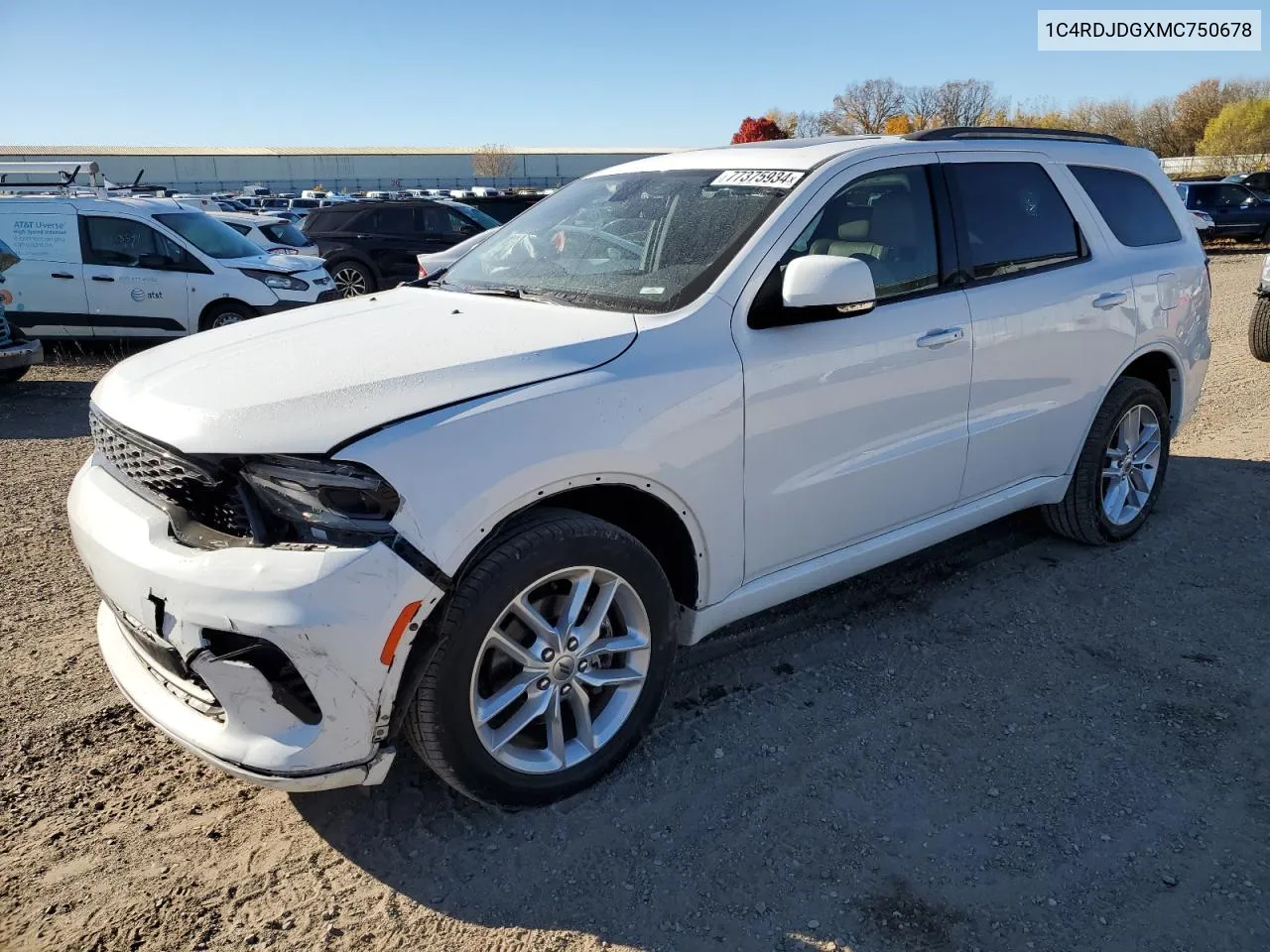 2021 Dodge Durango Gt VIN: 1C4RDJDGXMC750678 Lot: 77375934